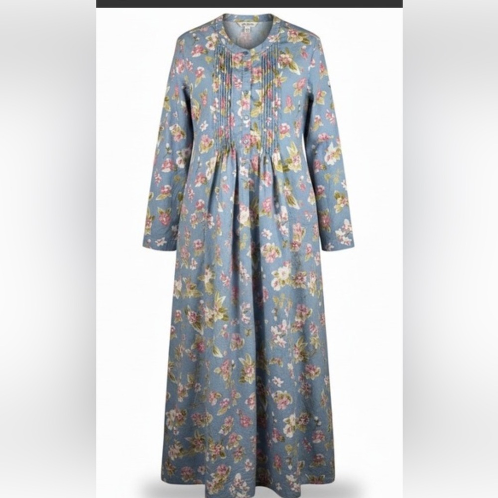 ELLA SIMONE NWOT DUSTY BLUE PINK ROSE FLORAL COTTON LONG BUTTON PRAIRE DRESS S